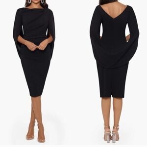 Betsy & Adam Black Midi Dress with Cape Sleeves